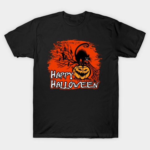 Happy Halloween Pumpkin and Black Cat T-Shirt by RadStar